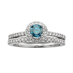 Round-Cut IGL Certified Blue & White Diamond Frame Engagement Ring Set in 14k White Gold (1 ct. T.W.) by