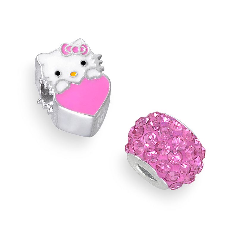 Hello Kitty Sterling Silver Crystal and Heart Bead Set, Women's, Pink