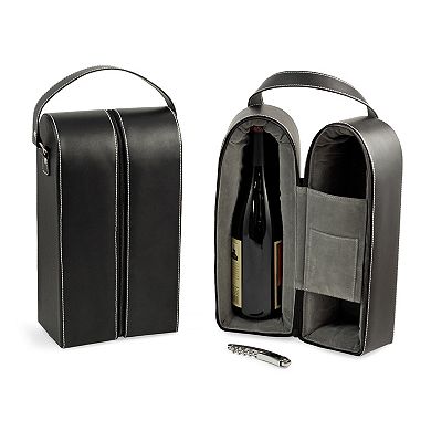 Leather Double Wine Caddy and Bar Tool Set