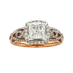 Diamonds & Lace Princess-Cut IGL Certified Diamond Halo Engagement Ring in 14k Rose Gold & 14k White Gold (1 1/2 ct.... by
