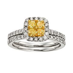 Yellow & White Diamond Halo Engagement Ring Set in Two Tone 14k Gold (1 ct. T.W.) by