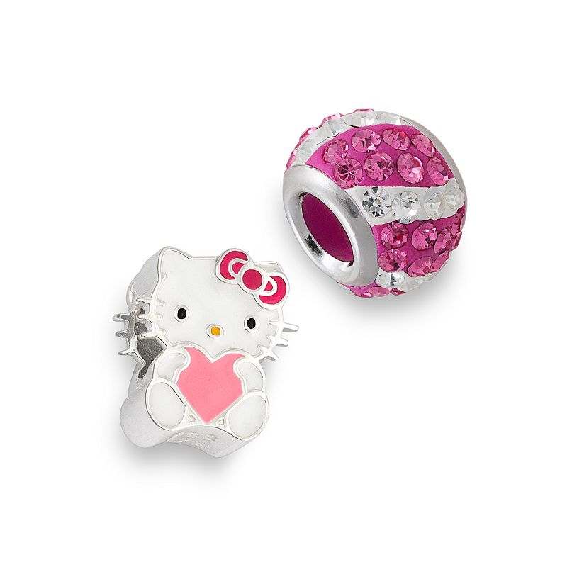 Hello Kitty Sterling Silver Crystal Striped and Heart Bead Set, Women's, Pink
