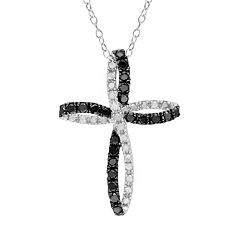 Sterling Silver 1-ct. T.W. Black & White Diamond Ribbon Cross Pendant by