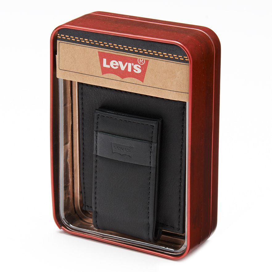 LEVI'S MEN'S LEATHER MONEY CLIP CARD ID CASE HOLDER WALLET BLACK
