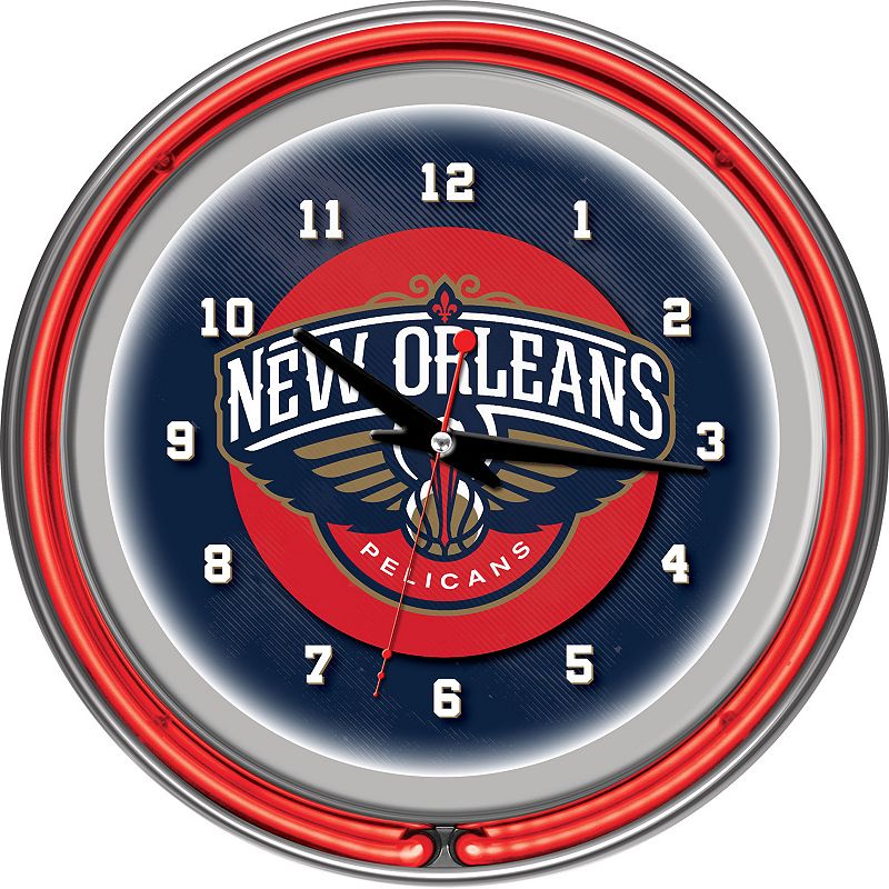 New Orleans Pelicans Chrome Double-Ring Neon Wall Clock, Multicolor