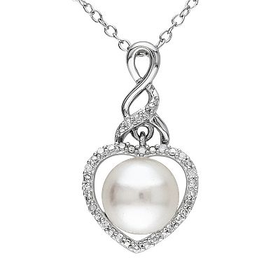 Stella Grace Freshwater Cultured Pearl and Diamond Accent Sterling Silver Heart Pendant Necklace