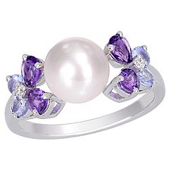 Freshwater Cultured Pearl, Tanzanite, Amethyst & Diamond Accent Sterling Silver Ring by