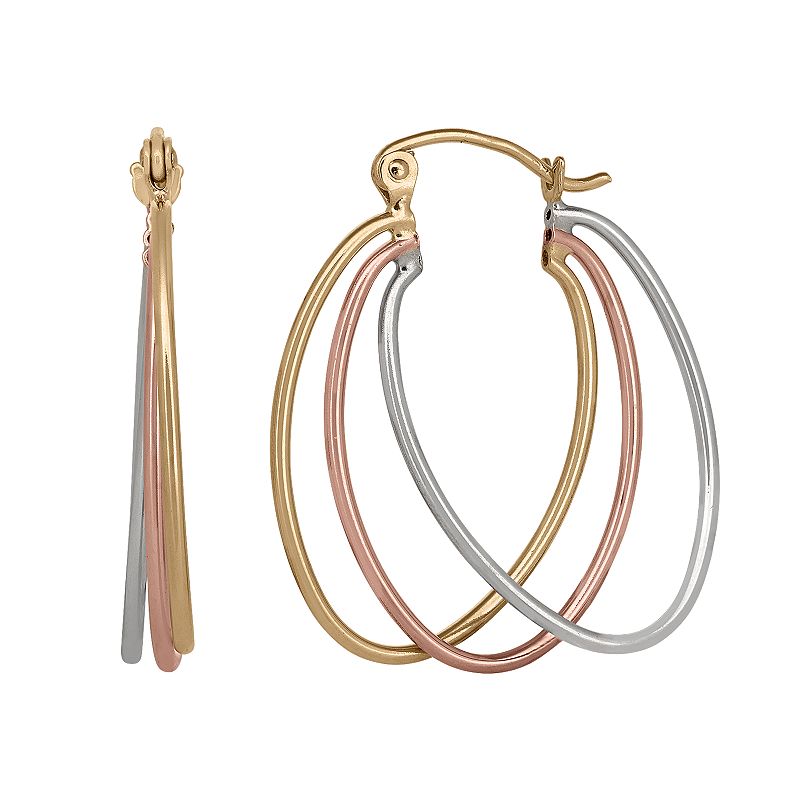 14k Gold TriTone Oval Triple Hoop Earrings