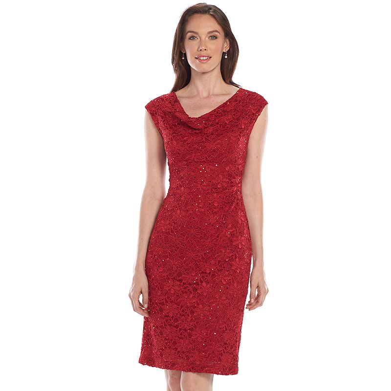 Connected Apparel Sequined Drapeneck Lace Dress Women's