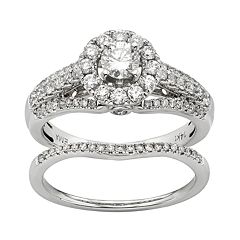 IGL Certified Diamond Halo Engagement Ring Set in 14k White Gold (1 Carat T.W.) by