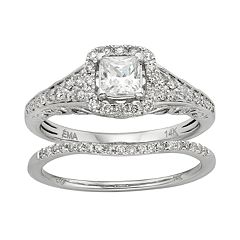 IGL Certified Diamond Square Halo Engagement Ring Set in 14k White Gold (1 Carat T.W.) by