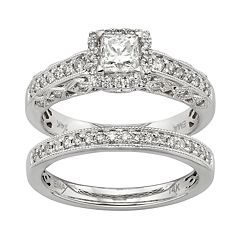 IGL Certified Diamond Square Halo Engagement Ring Set in 14k White Gold (1 Carat T.W.) by