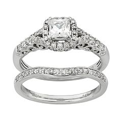 IGL Certified Diamond Square Halo Engagement Ring Set in 14k White Gold (1 Carat T.W.) by