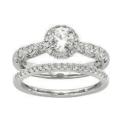 IGL Certified Diamond Halo Engagement Ring Set in 14k White Gold (1 Carat T.W.) by
