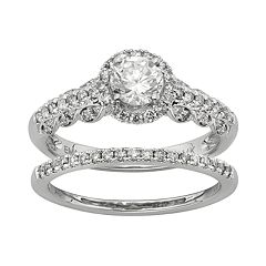 IGL Certified Diamond Halo Engagement Ring Set in 14k White Gold (1 Carat T.W.) by