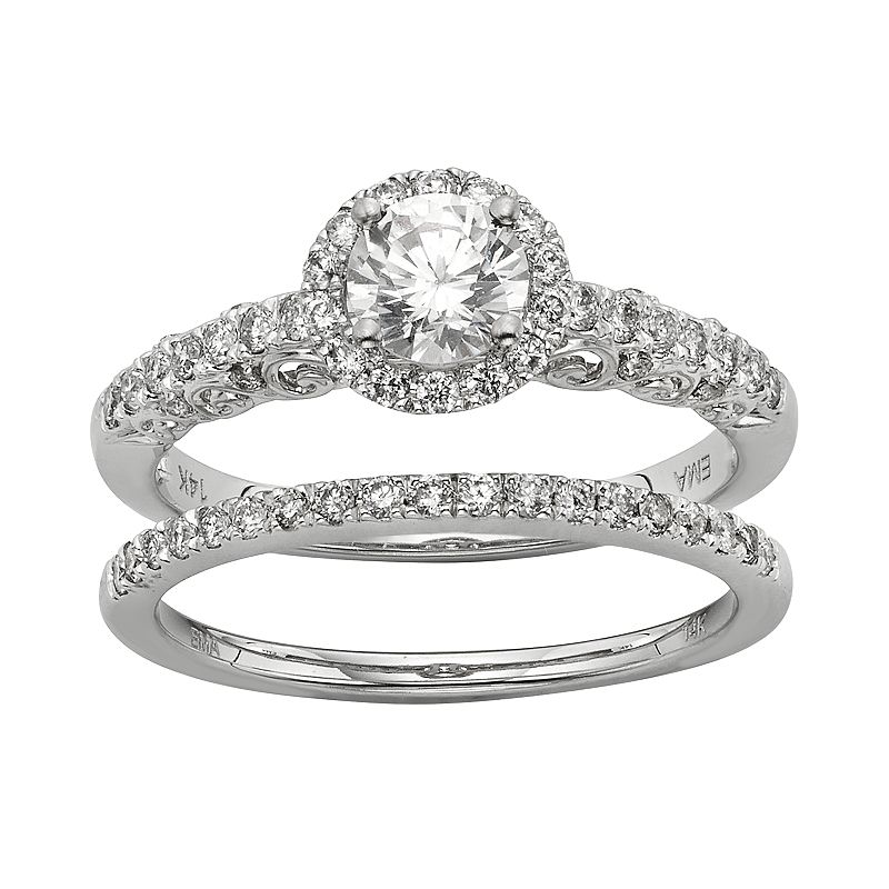 IGL Certified Diamond Halo Engagement Ring Set in 14k