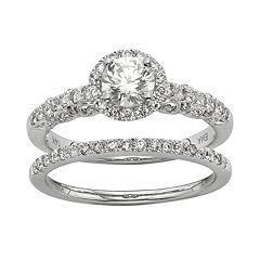 IGL Certified Diamond Halo Engagement Ring Set in 14k White Gold (1 Carat T.W.) by