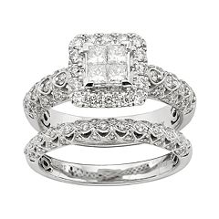 IGL Certified Diamond Square Halo Engagement Ring Set in 14k White Gold (1 Carat T.W.) by