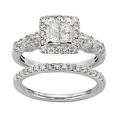 IGL Certified Diamond Square Halo Engagement Ring Set in 14k White Gold (1 Carat T.W.) by