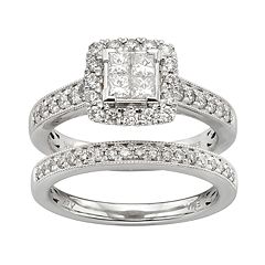IGL Certified Diamond Square Halo Engagement Ring Set in 14k White Gold (1 Carat T.W.) by