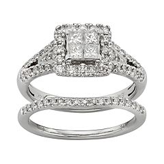 IGL Certified Diamond Square Halo Engagement Ring Set in 14k White Gold (1 Carat T.W.) by