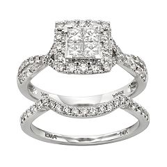 IGL Certified Diamond Crisscross Square Halo Engagement Ring Set in 14k White Gold (1 Carat T.W.) by