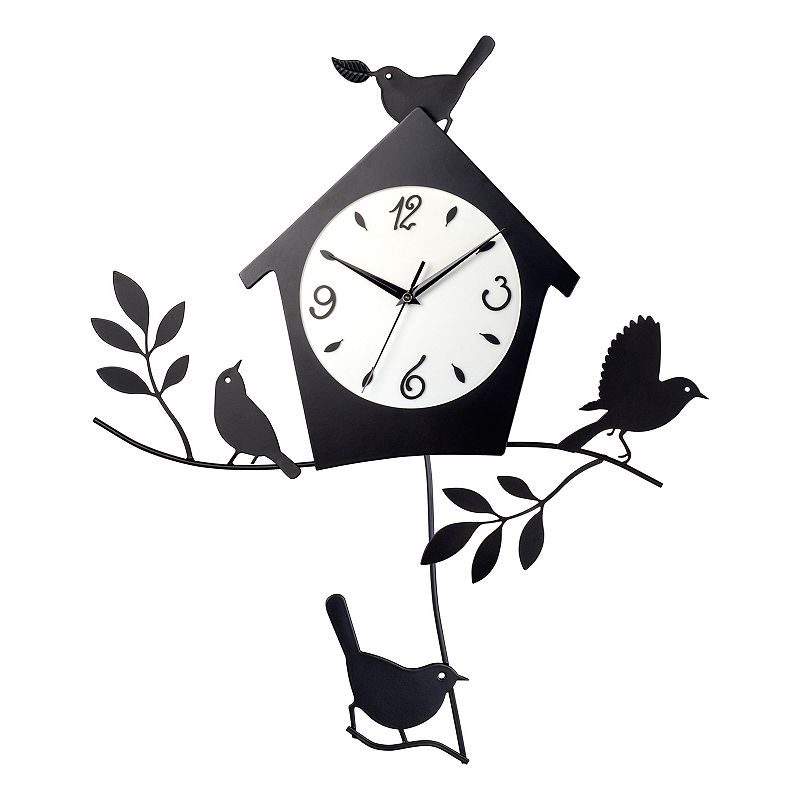 Birds and Birdhouse Pendulum Wall Clock, Black