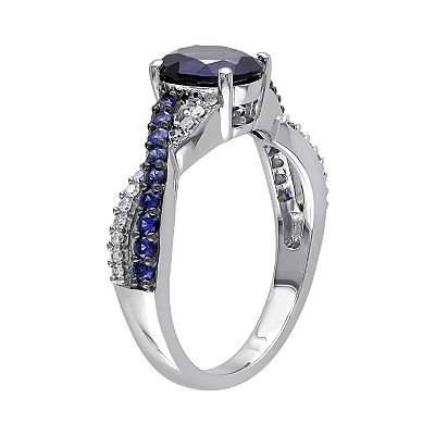 Stella Grace Lab-Created Blue Sapphire and 1/10 Carat T.W. Diamond 10k White Gold Crisscross Ring