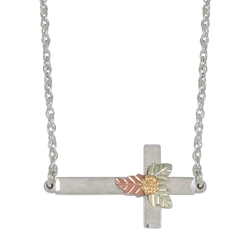 Black Hills Gold Four Tone Sideways Cross Necklace in Sterling Silver