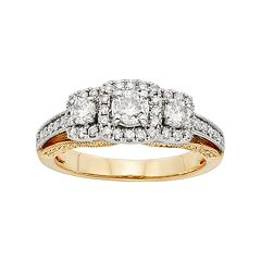 IGL Certified Diamond 3-Stone Halo Two Tone Engagement Ring in 14k Gold (1 Carat T.W.) by