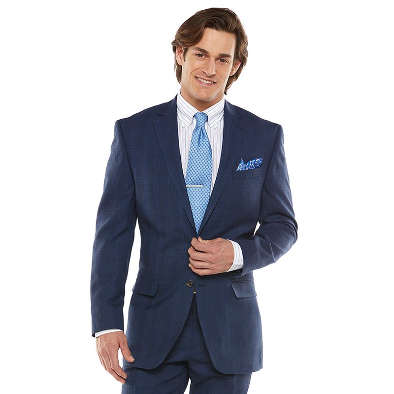 Men's Chaps Black Label ClassicFit Blue Plaid WoolBlend Stretch Suit