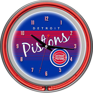 Detroit Pistons Hardwood Classics Chrome Double-Ring Neon Wall Clock