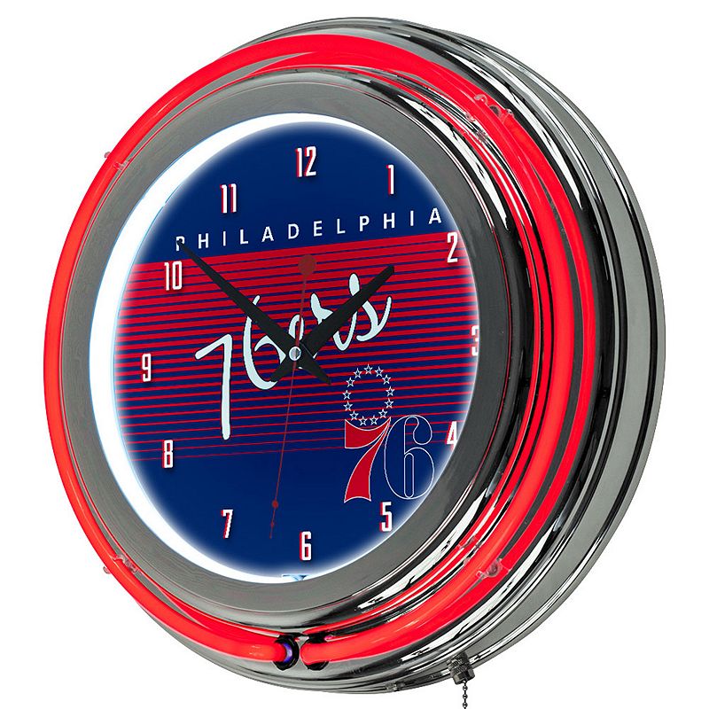 Philadelphia 76ers Hardwood Classics Chrome Double-Ring Neon Wall Clock, Multicolor