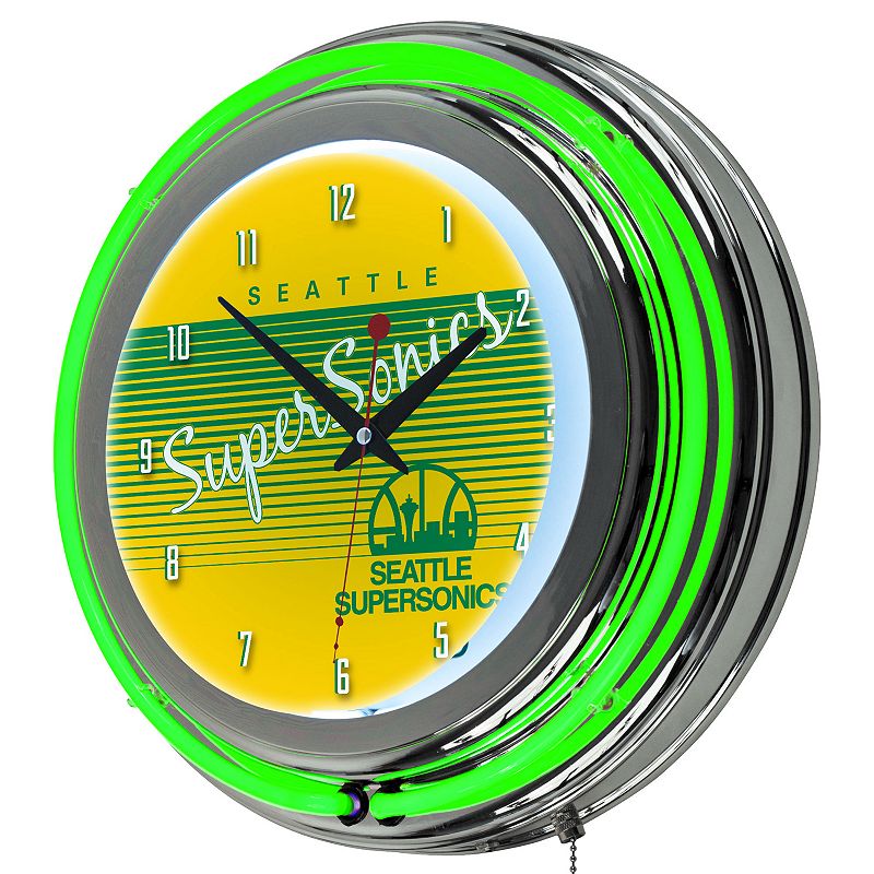 Seattle Super Sonics Hardwood Classics Chrome Double-Ring Neon Wall Clock, Multicolor