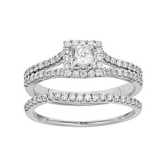 IGL Certified Diamond Square Halo Engagement Ring Set in 14k Gold (1 Carat T.W.) by