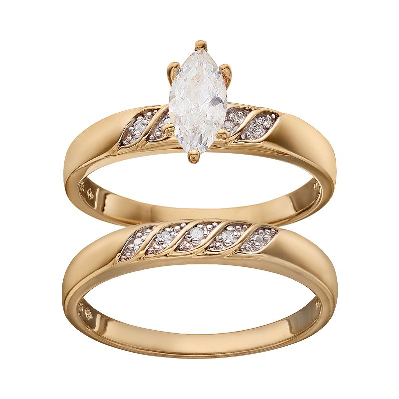 Cubic Zirconia & Diamond Accent Engagement Ring Set in 18k Gold Over Silver