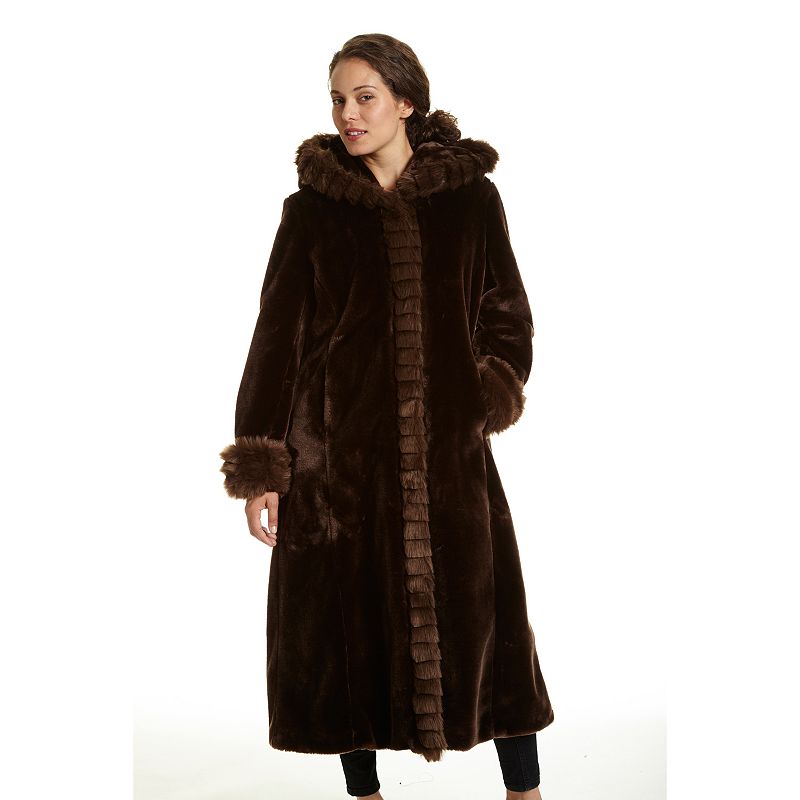 Women's Excelled Hooded FauxFur Walker Jacket, Size Large, Brown
