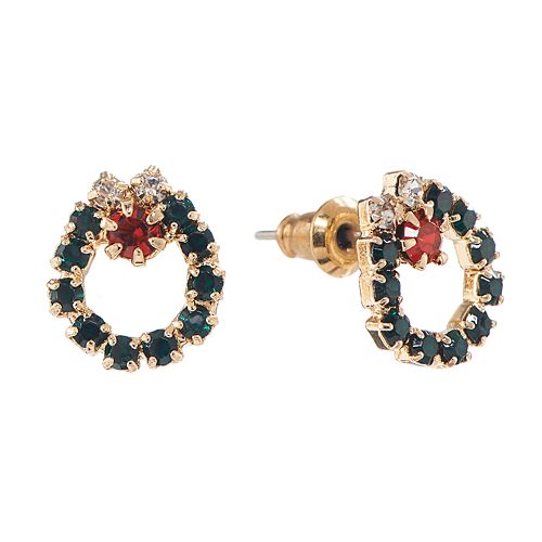 Gold Tone Christmas Wreath Stud Earrings