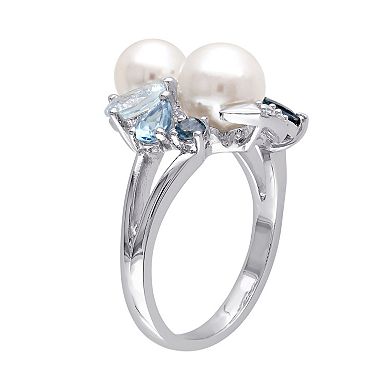 Stella Grace Sterling Silver Blue Topaz, Lab-Created White Sapphire & Freshwater Cultured Pearl Ring