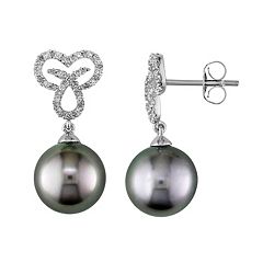 10k White Gold Tahitian Cultured Pearl & 1/6 Carat T.W. Diamond Heart & Ichthys Fish Drop Earrings by
