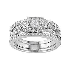 10k White Gold 1 Carat T.W. Diamond Square Halo Engagement Ring Set by