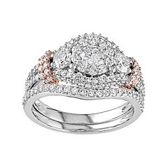 Two Tone 10k Gold 1 1/2 Carat T.W. Diamond 3-Stone Halo Engagement Ring Set by
