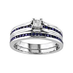 Sterling Silver Lab-Created Sapphire & 1/6 Carat T.W. Diamond Engagement Ring Set by