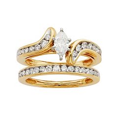 14k Gold IGL Certified 1 Carat T.W. Diamond Marquise Bypass Engagement Ring Set by
