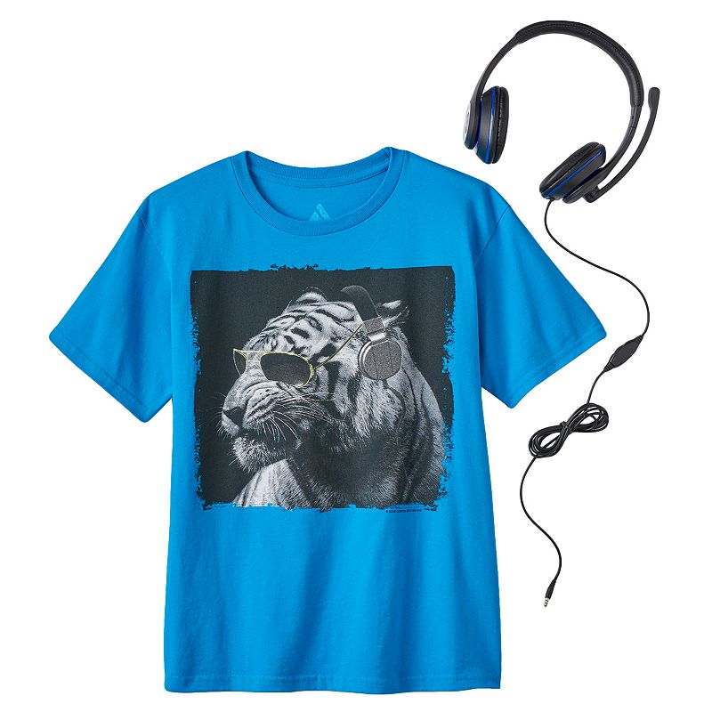 Boys 8-20 Cool Tiger Tee With Headphones, Boy's, Size: Medium, Turquoise/Blue (Turq/Aqua)