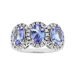 Sterling Silver Tanzanite & White Zircon 3-Stone Oval Halo Ring by