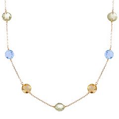 14k Gold Citrine, Sky Blue Topaz & Green Quartz Station Necklace by
