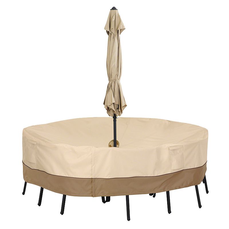 Outdoor Classic Accessories Veranda Medium Round Patio Table Cover & Umbrella Hole, Beig\/Green (Beig\/Khaki)