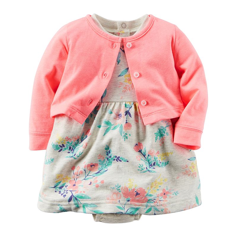 Baby Girl Carter's Floral Bodysuit Dress & Solid Cardigan Set, Size: 18 Months, Light Grey