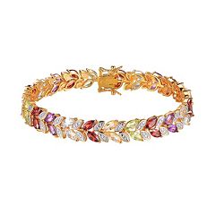 18k Gold Over Silver Gemstone & Diamond Accent Leaf Tennis Bracelet by